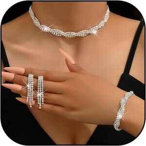 Wedding Jewelry Set for Women Silver Rhinestone Necklace Earrings Bracelet